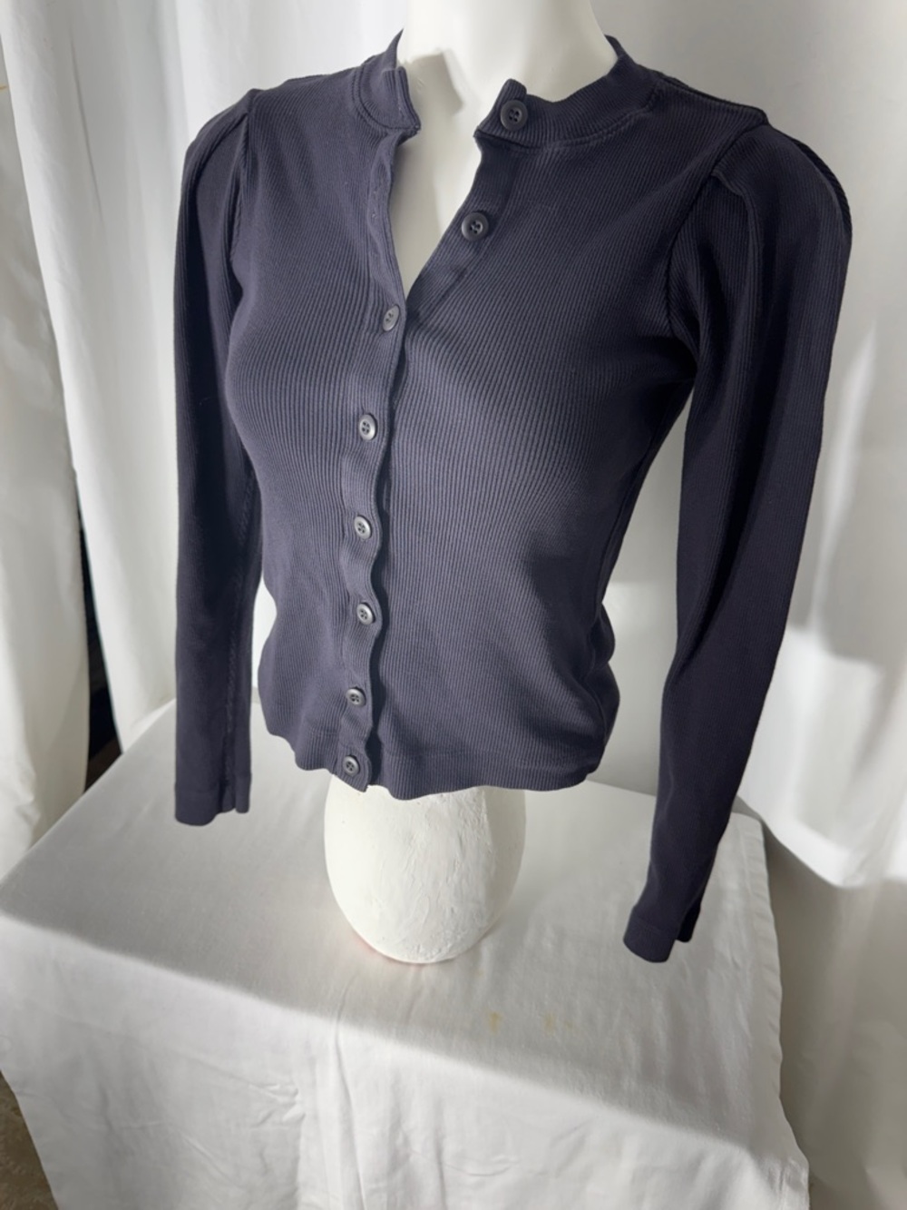 AMO Ribbed Button-Front Long Sleeve Top - Dark Navy